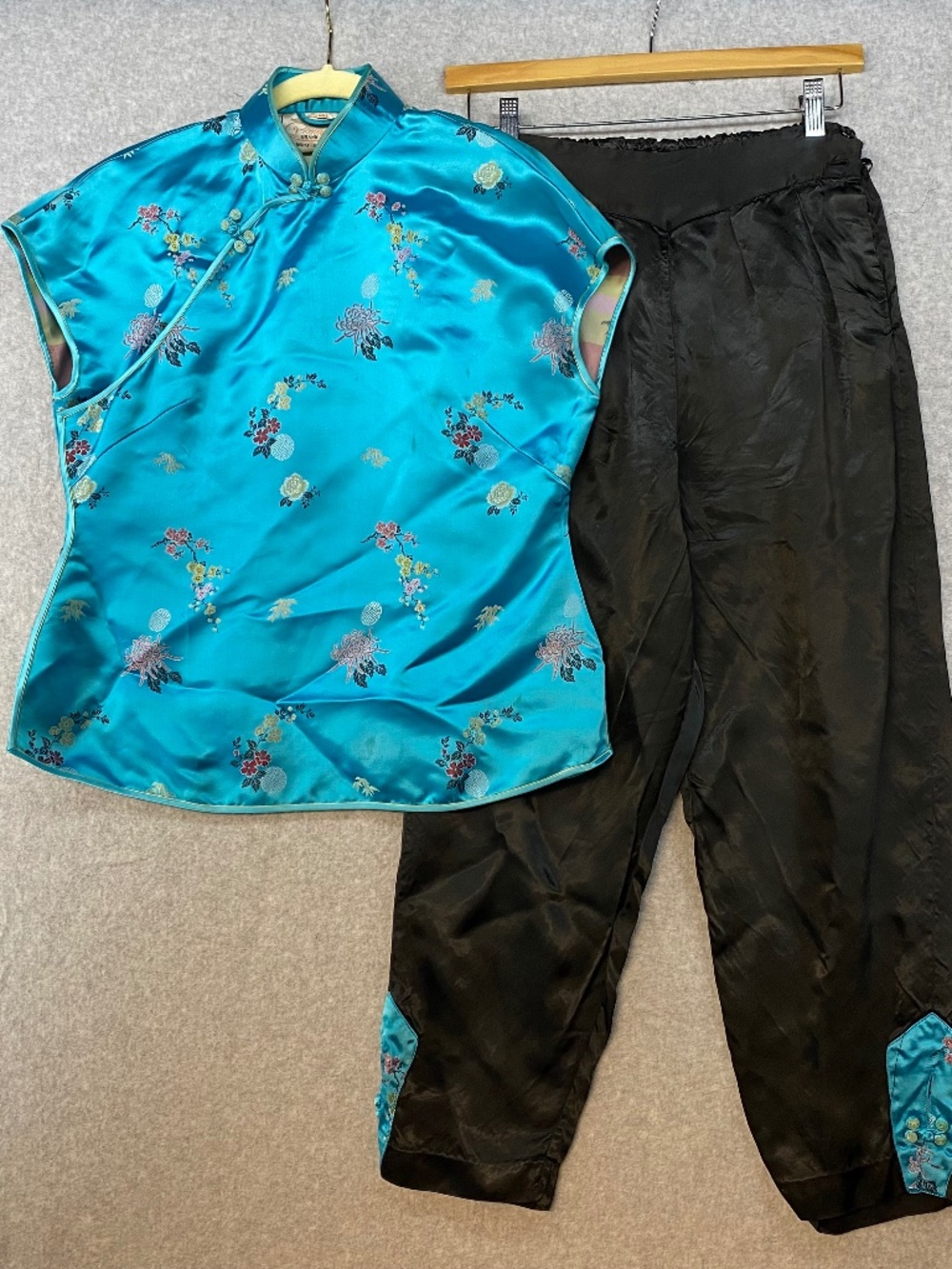 Vintage Blue Satin Size 36 Cheongsam (Chinese Reminiscent) Set By Peony Brand